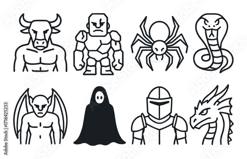 Stylized depictions of minotaur, golem, spider, cobra, gargoyle, ghost, knight, dragon