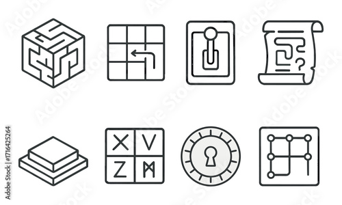 Various puzzle icon set on gradient background featuring maze and lock patterns