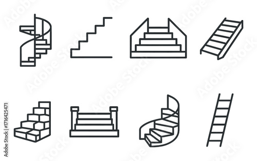 Stylized staircase icons on dark background: spiral, ladder, steps, and railings