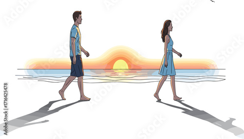 Sunset beach walk, romantic couple, barefoot on sand, serene ocean view, golden hour, dramatic shadows, peaceful evening, scenic horizon, love, solitude
