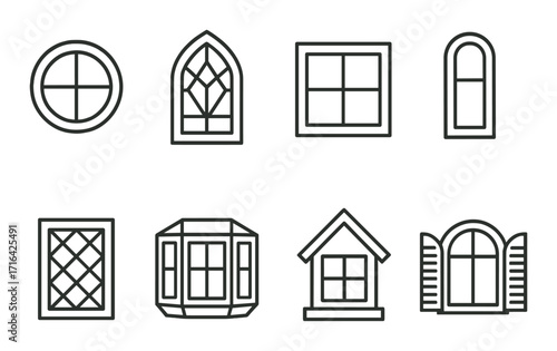 Eight varied window frames on subtle striped background