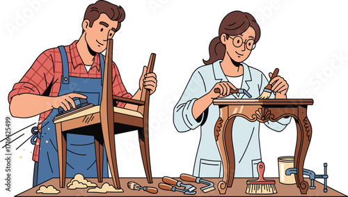 Furniture restoration, woodworking, craftsman, artisan, vintage furniture, hand tools, wood shavings, painting, repair, handmade, workshop, DIY, carpentry, craftsmanship, antique, table