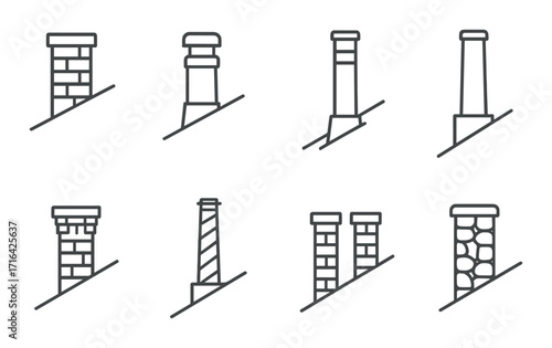 Set of eight minimalist chimney icons on gradient background