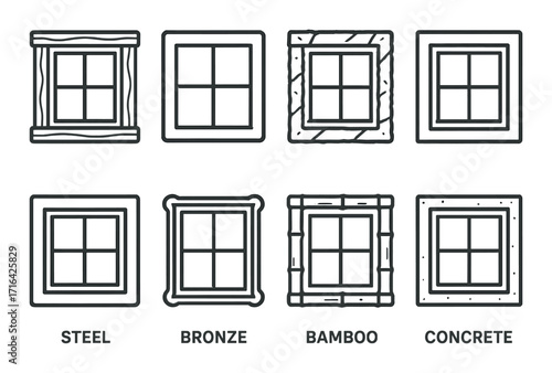 Eight architectural window frames showcasing material diversity and design variations