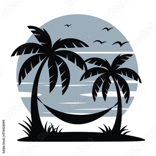 Palm Trees Hammock Silhouette – Tropical Beach Sunset Vector Illustration