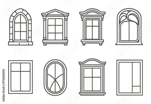 Elegant assortment of eight decorative window designs on beige background