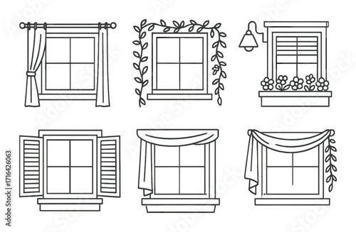 Variety of window designs with curtains, shutters, and flower boxes