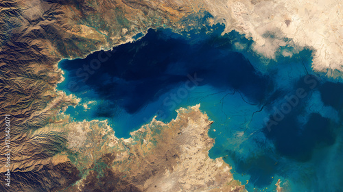 Aerial view of a large body of water nestled between mountains and arid land a stunning geographical feature