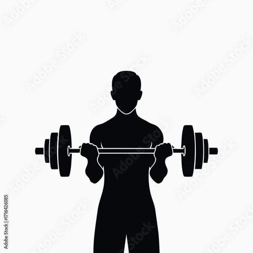 Silhouette of a muscular person lifting a heavy barbell in a strength training workout session indoors
