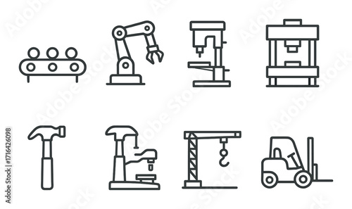 Industrial equipment icons on dark background - conveyor, robotic arm, drill, press