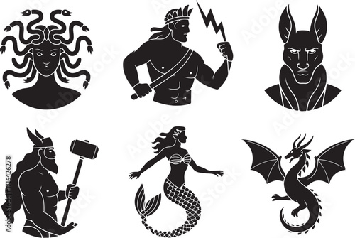 Mythical creatures ancient gods fantasy icons silhouette