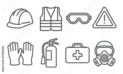 Essential safety equipment: hard hat, vest, goggles, gloves, gas mask, extinguisher, first aid