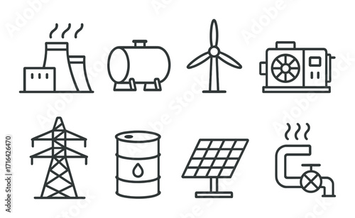 Icons representing diverse energy sources including wind, solar, oil, and gas generation