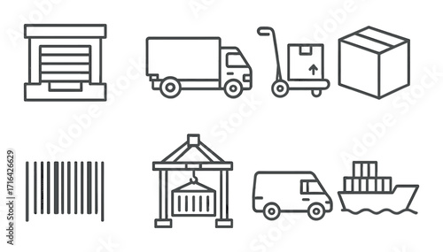 Logistics icon set featuring trucks, boxes, and shipping symbols