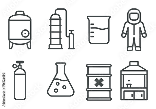 Industrial icons set featuring lab equipment and safety gear in minimalist design