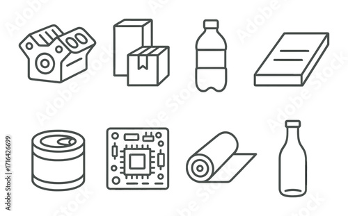 Outlined metal icons representing engine block, packages, bottles, microchip, can, rolled sheet