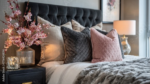 A cozy and elegant bedroom setting featuring plush pillows, a soft blanket, and decorative flowers, creating a warm and inviting atmosphere.