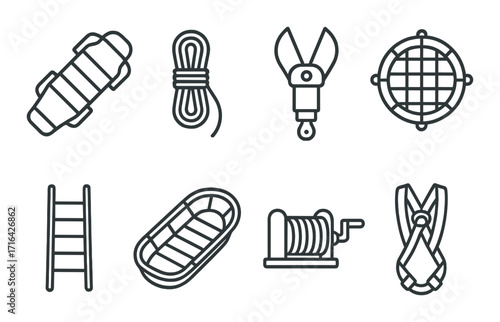 Set of linear adventure icons: raft, rope, carabiner, grid, ladder, winch