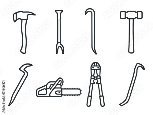 Set of construction tools: hammer, crowbar, wrench, chainsaw, pliers on dark background