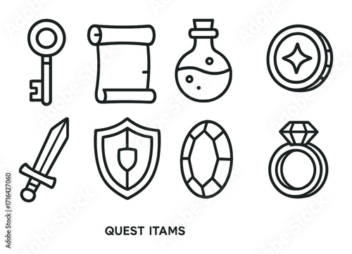 Fantasy quest items icons: key, scroll, potion, coin, sword, shield, gem, ring