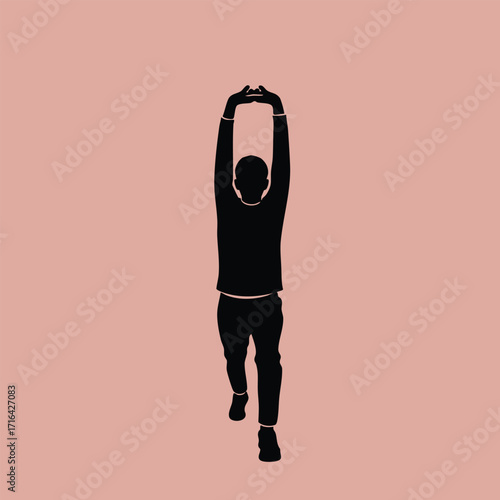 Silhouette of a person stretching with arms raised above head against a plain muted pink background