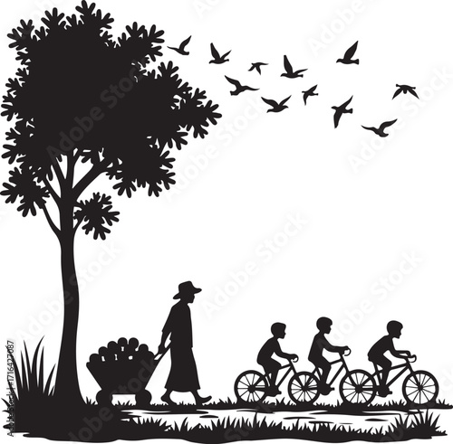 Silhouette of person pushing cart with fruit and children cycling
