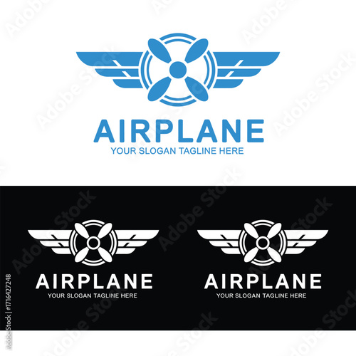 Modern airplane logo design featuring propeller wings and text for aviation businesses