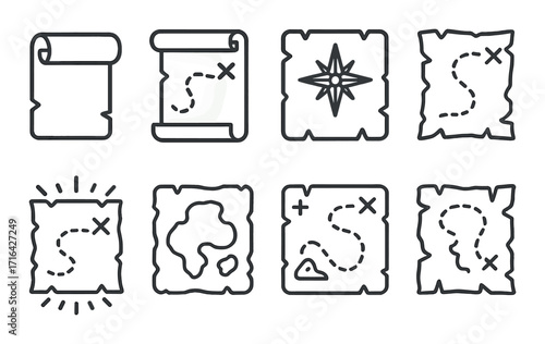 Set of eight abstract treasure maps with compass and scroll designs