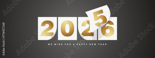 2026 Happy New Year greeting card design template on black background. Golden New Year 2026 start concept. Calendar pages turn in the wind and the new year begins