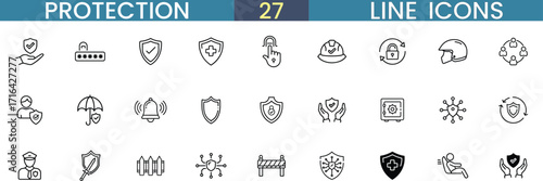 Collection of 22 distinct line icons representing various aspects of protection and security concepts vector