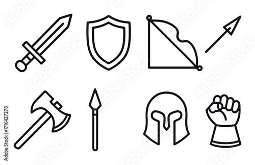 Medieval weaponry and armor icons: sword, shield, bow, helmet, axe, spear, fist