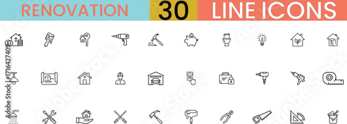 Set of 30 renovation and home improvement line icons for construction and diy projects vector