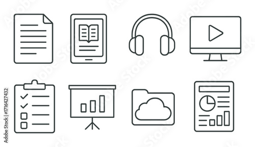 Minimalistic icons set: document, e-reader, headphones, video, checklist, presentation, cloud, analytics