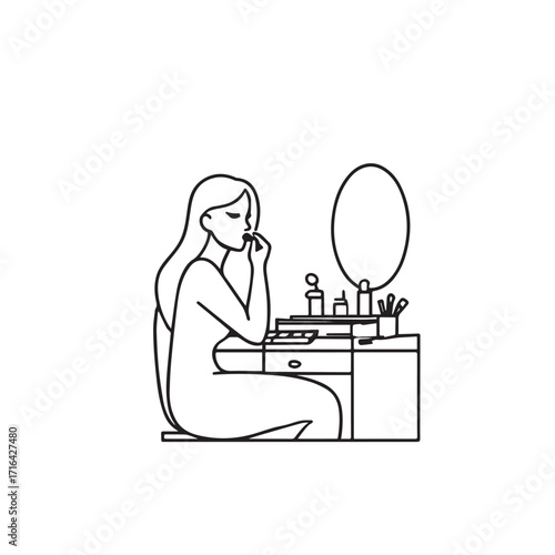 Black and white line art of a beautiful woman doing makeup at dressing table with mirror illustration
