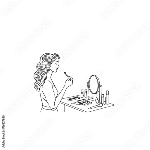 Black and white line art of a beautiful woman doing makeup at dressing table with mirror illustration