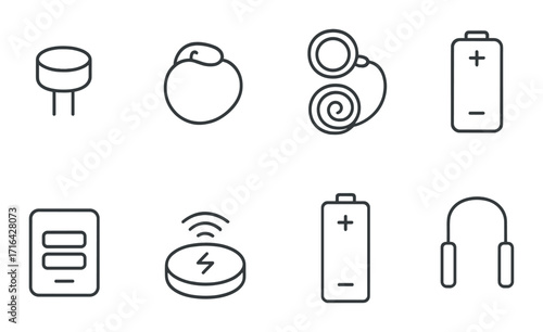 Minimalist icon set featuring gadgets and technology elements on black background