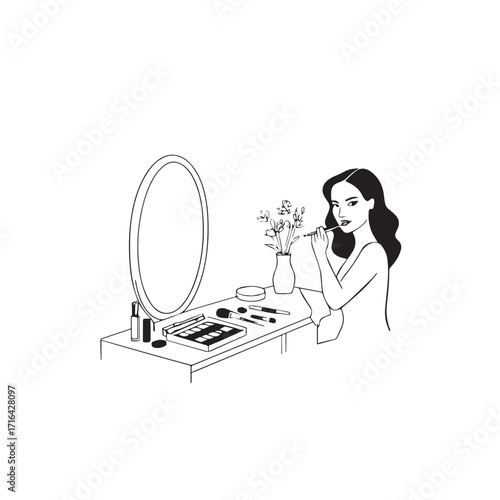Black and white line art of a beautiful woman doing makeup at dressing table with mirror illustration
