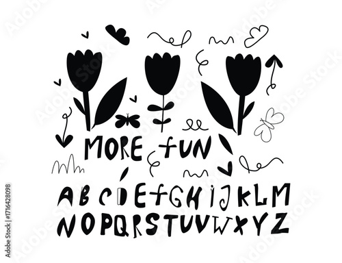 Charming garden alphabet and text elements whimsical hand-drawn flowers decorative arrows and letter set for creative projects