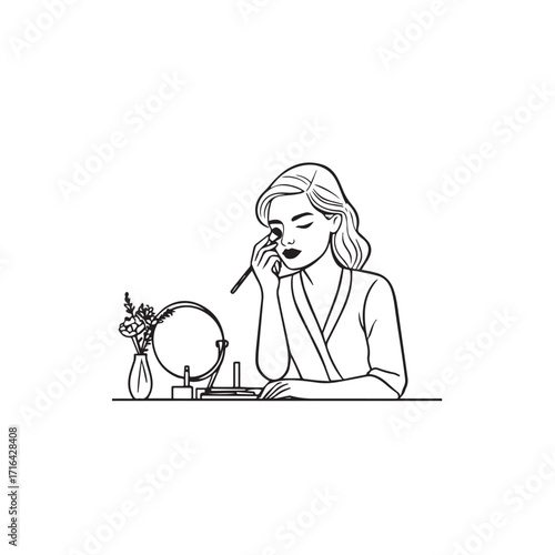 Black and white line art of a beautiful woman doing makeup at dressing table with mirror illustration