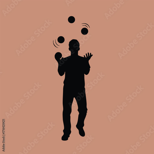 Silhouette of a person skillfully juggling four balls against a plain brown background in motion