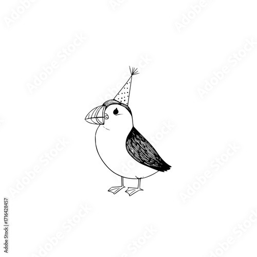 Puffin bird illustration with party hat cute animal drawing vector graphic design element for birthday card 100