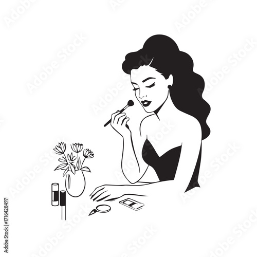 Black and white line art of a beautiful woman doing makeup at dressing table with mirror illustration