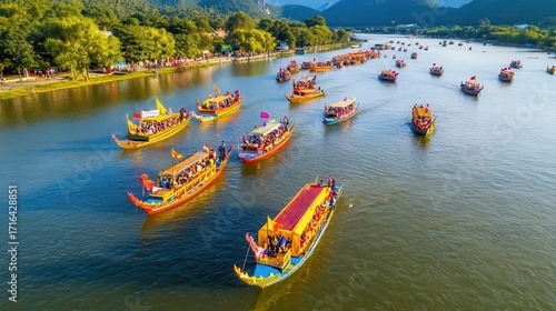 A vibrant boat racing festival in Hue, colorful dragon boats speeding across the Perfume River