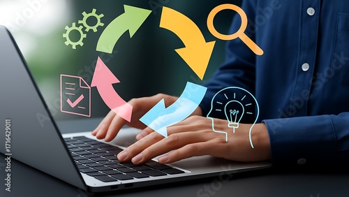 Feedback loop for continuous improvement Business decision-making strategy. OODA and PDCA cycles. Businessman using laptop computer to manage project. AI