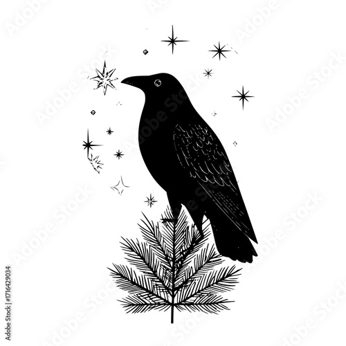 Black raven perched on christmas tree with stars vector illustration graphic design element holiday season art
