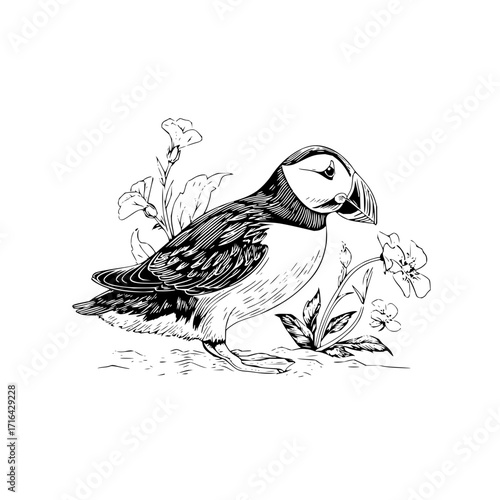 Atlantic puffin bird drawing illustration with flowers vector image wildlife seabird nature art print design
