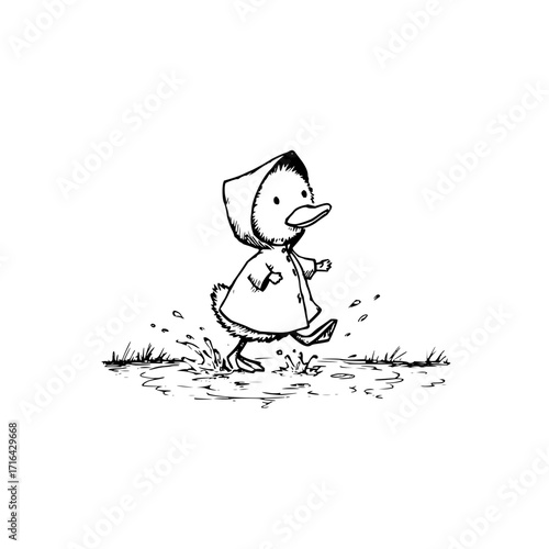 Cute duckling in raincoat walking in puddle illustration for children's book black and white vector art
