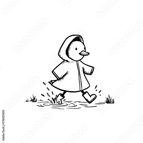 Duckling in raincoat and boots splashing in puddle vector illustration line art drawing for kids and prints