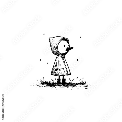 Duckling in raincoat illustration cute cartoon character in rain boots vector art for kids black and white drawing