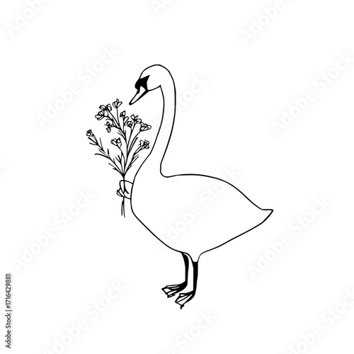 Elegant swan drawing with flowers vector illustration for wedding invitation and logo design inspiration